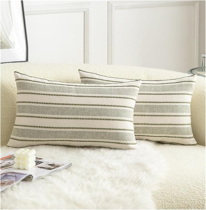 Cethom Decorative Boho Lumbar Throw Pillow Covers, Farmhouse Textured Pillow Case, 12 x 20 Inch Set of 2, Chair Sofa Bedroom Living Room Home Decor Couch Cushion Case, Olive Green and Beige