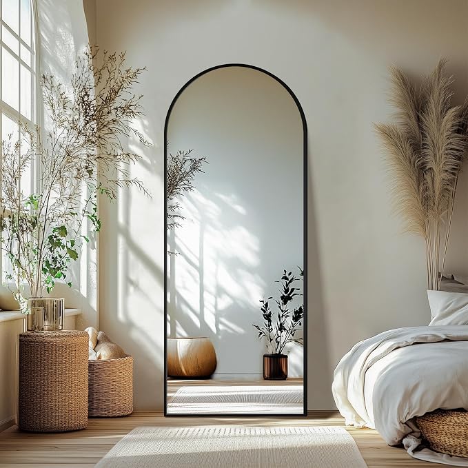 Arched Full Length Mirror with Stand, 69x24 Black Floor Mirror | Aluminium alloy frame with HD float glass for distortion-free reflection. Free standing or wall mounted.
