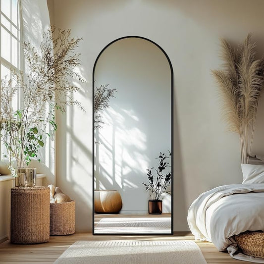 Arched Full Length Mirror with Stand, 69x24 Black Floor Mirror | Aluminium alloy frame with HD float glass for distortion-free reflection. Free standing or wall mounted.