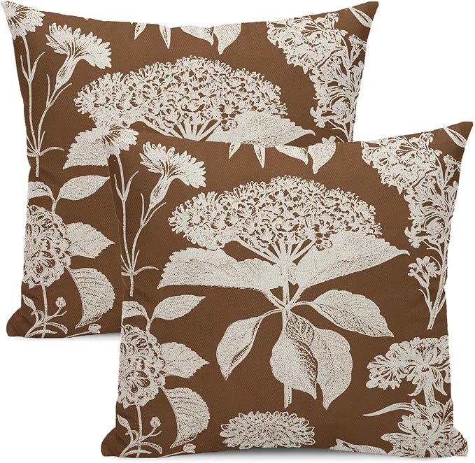 Floral Pillow Covers 18x18 Set of 2 Brown Beige Hydrangea Herbs Botanical Throw Pillow Cover Outdoor Decor Vintage Boho Flower Pillowcase Farmhouse Decorative Cushion Case for Home Couch Sofa