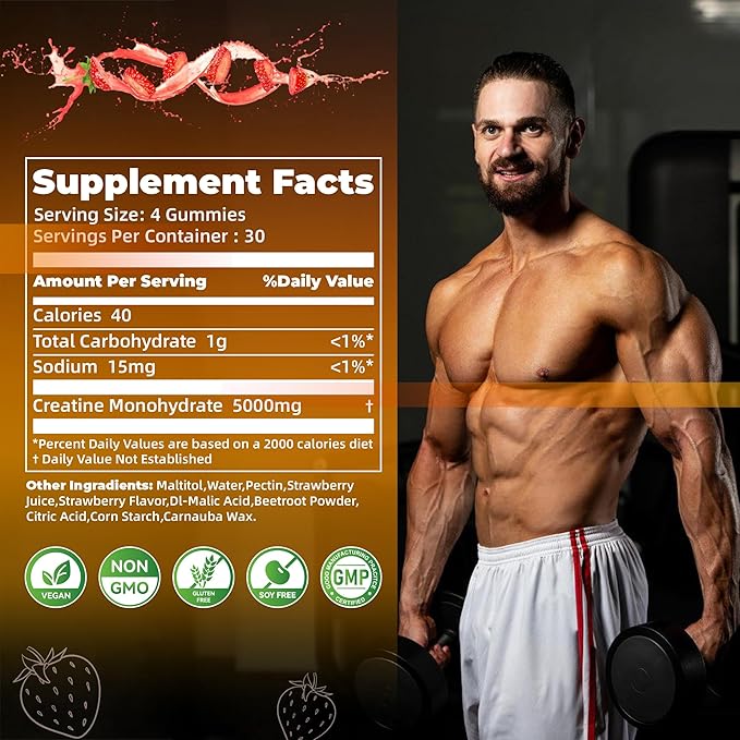 Nutravita Creatine Monohydrate Gummies for Men & Women-5g of Creatine Monohydrate per Serving - Sugar Free,Vegan, Strawberry Flavor, 120 Count