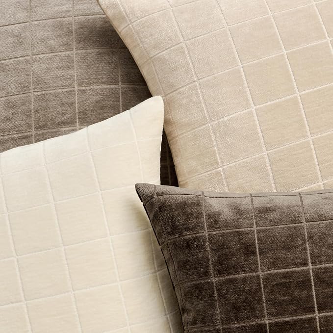 MIULEE Brown Plaid Decorative Fall Throw Pillow Covers 18x18 Set of 2 | Vintage, Check Chenille Couch Pillows, Boho Farmhouse Cushion Covers, Modern Home Decor for Sofa Bed Living Room