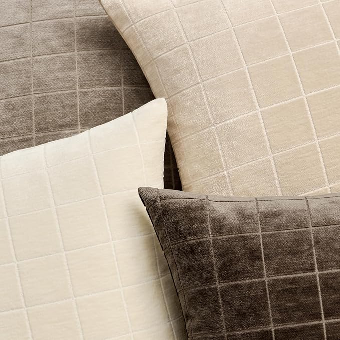 MIULEE Beige Plaid Decorative Euro Throw Pillow Covers 26x26 Set of 2 | Vintage, Check Chenille Couch Pillows, Neutral Boho Farmhouse Cushion Covers, Modern Home Decor for Sofa Bed Living Room