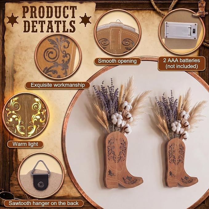 1 Pair/2 Pcs Western Wall Decor with Lights Wood Cowboy Boots Wall Planter for Indoor 12x10 Boots Hanging Vase for Faux Flower Rustic Modern Sconce for Living Room Bathroom Bedroom Office