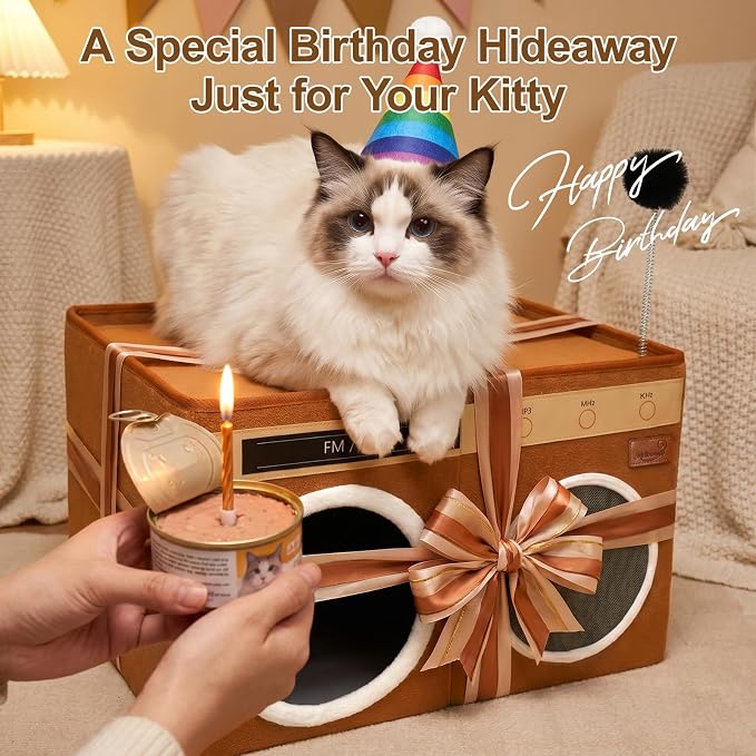 Retro Radio Cat House, Large Foldable Cat Bed Indoor Cat Cave | Spacious Multi-Cat Sleeping Hideaway Pet Nest, Non-Sticky Fur Fabric, Scratch Pad & Bendable Antenna Ball 13×19.7×15.8 Inches