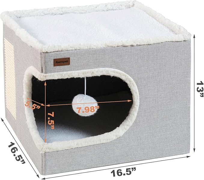 Garnpet Cat Bed for Indoor Cats Cube House, Covered Cat Cave Beds & Furniture with Scratch Pad and Hideaway Tent, Cute Modern Cat Condo for Multi Small Pet Large Kitten Kitty, Grey