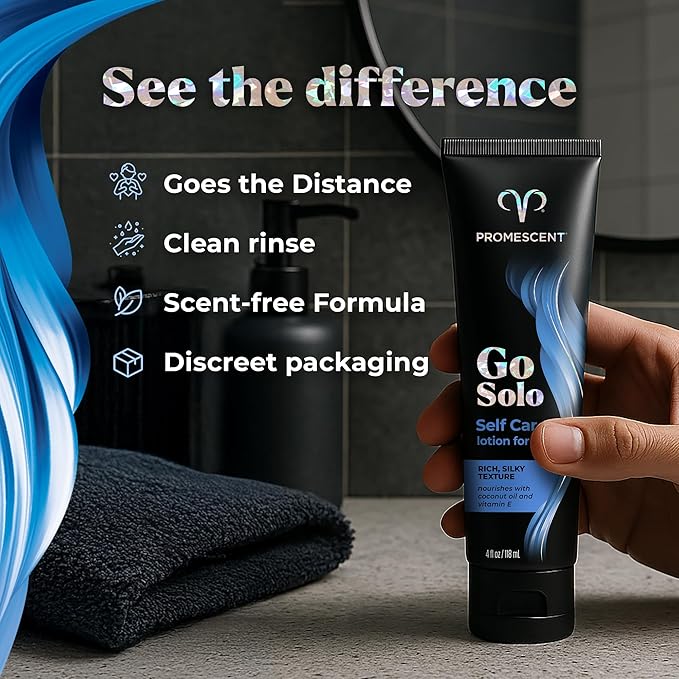 Promescent Go Solo Lotion for Men, Natural Unscented Moisturizing Ingredients with Coconut Oil and Sweet Almond Oil, Creamy Natural Texture, Fast-Absorbing, Made in The USA, 4 fl oz