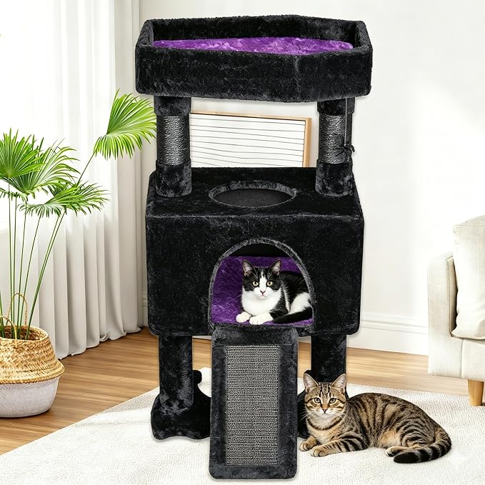 BEWISHOME Cat Tree Tower for Indoor Cats, Gothic Cat Trees with Coffin Bed | Cat Condo Cat House with Scratching Board, Cat Shelves with Spider Toy, Pet Play Activity Center Black with Purple, MMJ95Z