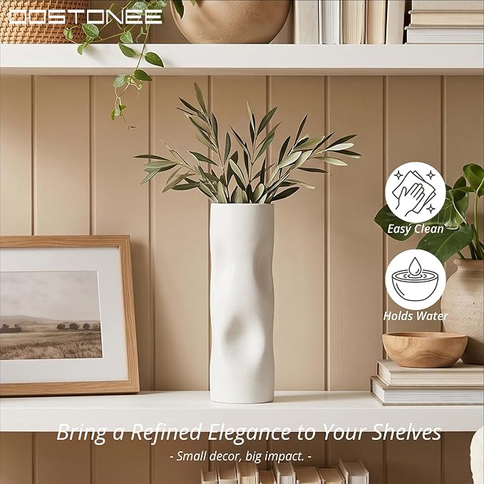 11 Inch Tall White Ceramic Vase – Modern Boho Geometric Home Decor for Living Room, Shelf & Coffee Table