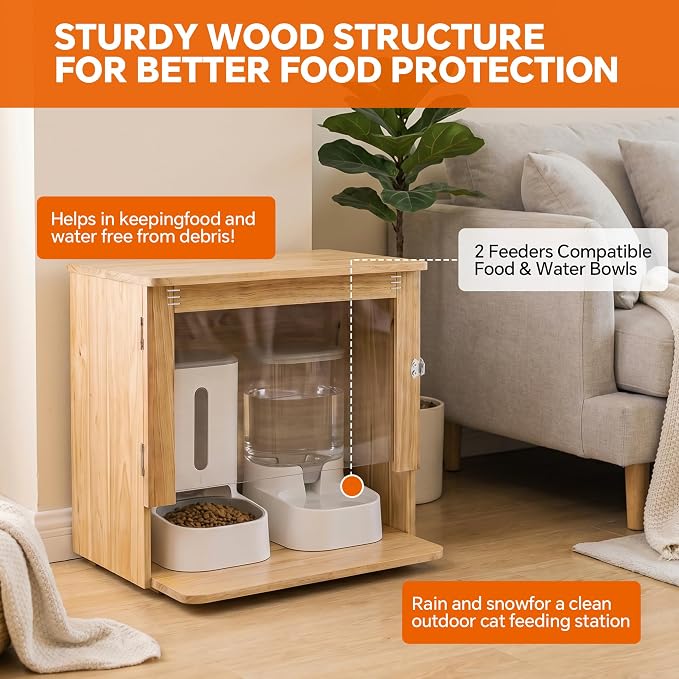 Outdoor Wooden Cat Feeding Station with Wall Anchor | Weather-Resistant, Fits 2 Automatic Feeders or Bowls, 1-Gal Water Dispenser, Cable Port, For Stray, Feral & Community Cats