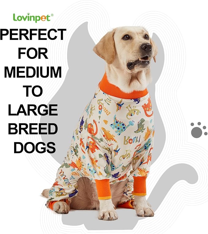 LovinPet Large Dog Pajamas, Anti Licking, Recovery Suit, Lightweight Jurassic Knit, UV for Large Dogs/L
