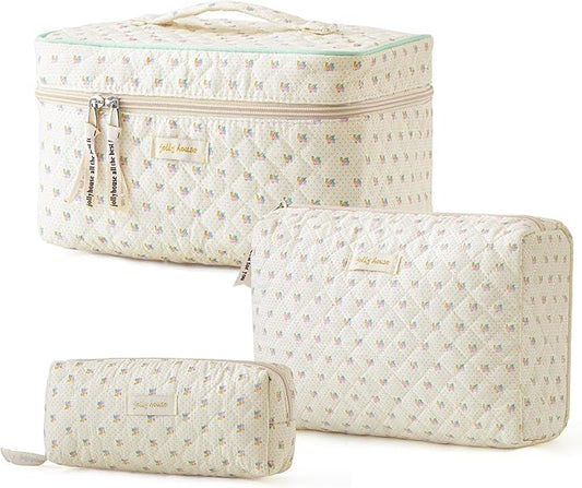 HBselect Quilted Makeup Bag, 3PCS Cotton Large Travel Makeup Bag, Cute Floral Coquette Make up Bag Cosmetic Bag Toiletry Bag for Women Girls