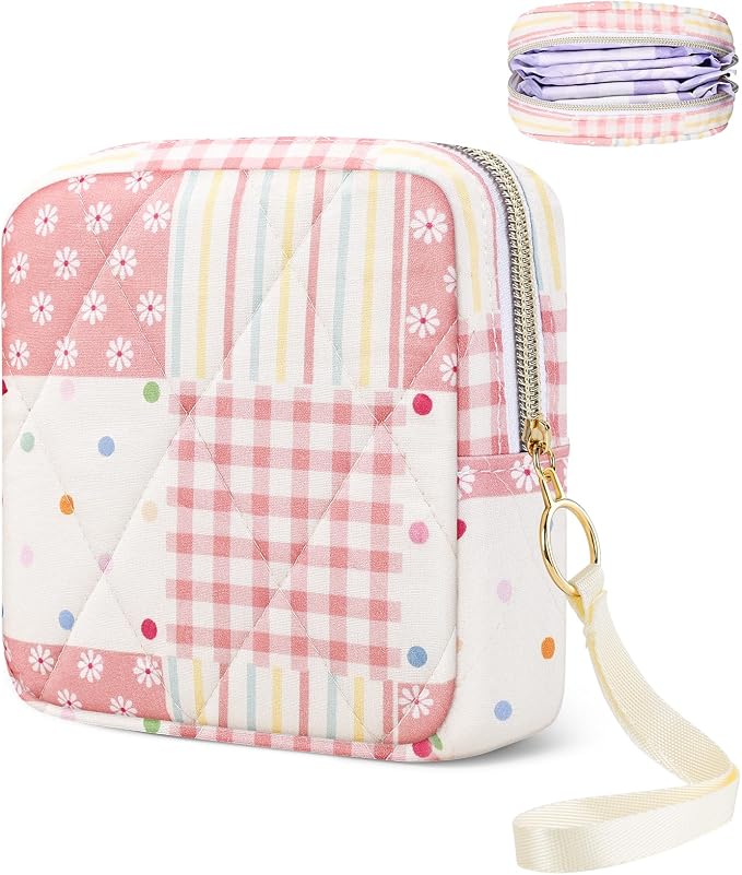 Likesing Quilted Period Bag, Period Pouches for Teen Girls Womens, Portable Floral Print Sanitary Napkin Storage Bag Feminine Emergency Tampon Pad Pouch(Pink Dot Clash)