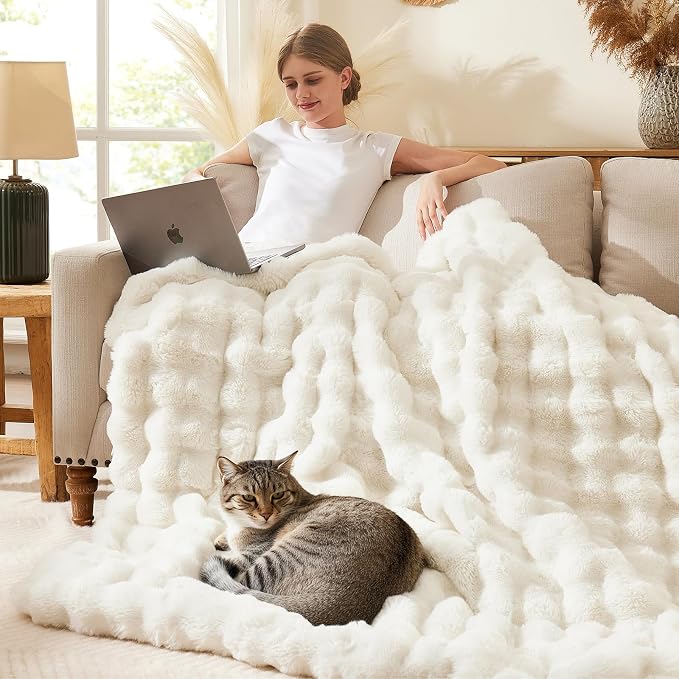 L'AGRATY Faux Rabbit Fur Throw Blanket for Couch, 90'' x 90'', Cream White | Soft Cozy Bubble Fluffy Blanket for Sofa Bed, Thick Warm Plush Fuzzy Throw for Room Home Decor, Luxury Gift for Women Mom