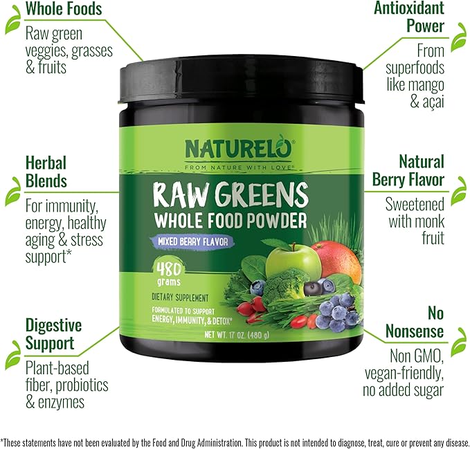 NATURELO Raw Greens Superfood Powder 480 Grams, Mixed Berry - Supports Energy, Immunity and Detox - Includes Spirulina, Wheat Grass and Organic Greens for Whole Food Nutrition