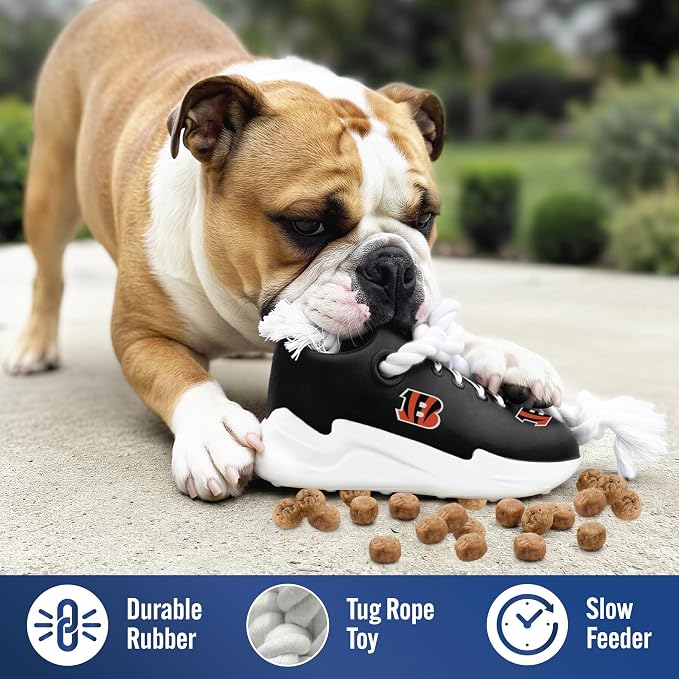 Pets First NFL Cincinnati Bengals Cleat Sneaker Spike Dog Toy, Football Treat Dispenser Chew Toy for Dogs, Interactive Rope Tug Toy, Slow Feeder Natural Rubber Dog Toy with Official Team Logo