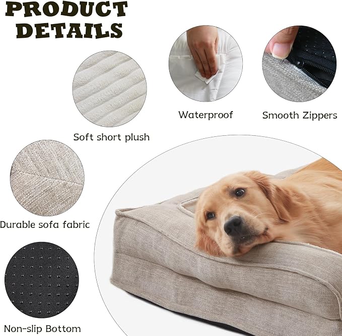 WINDRACING Orthopedic Dog Beds for Extra Large, XXLarge Dogs, Waterproof Egg Foam Dog Sofa Bed with L Bolster Sides, Washable Pet Bed with Removable Cover & Non-Slip Bottom, 46 x 30 inch, Beige