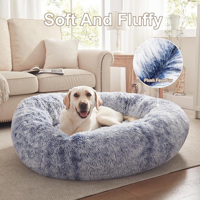 45 in Faux Fur Fluffy Donut Dog Bed for Extra Large Dogs,Dark Blue | Calming Plush Round Jumbo Pet Bed with Removable & Washable Cover,Fits up to 120 lbs Pets