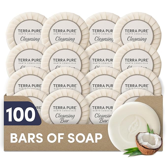 Terra Pure White Tea & Coconut Soap | Travel Size Toiletries Bulk Set for Hotel Essentials | 0.6 oz Bar Soap | 100 Pieces