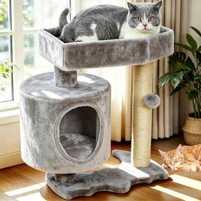 BEWISHOME Cat Tree with Scratching Post, Cat Tower for Indoor Cats | Cat Trees with Cat Bed for Adult Cat or kitten, Cat Condo and Cat Toy Balls Playful, Gray MMJ97G