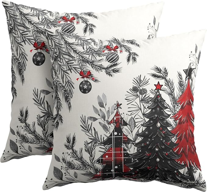 Kawani Vintage Christmas Trees Pillow Covers 22x22 Inches, 2 Pcs Red Black Xmas Plaid Tree and Bells Square Pillowcase Cotton Linen Cushion Case for for Home Home Party Sofa Decoration