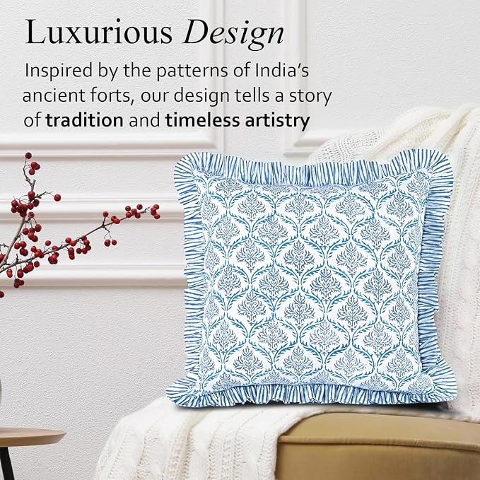 CPC Indigo Regal Hand Block Print 100% Cotton Ruffle Throw Pillow Cover 20x20 inch with Hidden Zipper Decorative for Couch, Bed, Sofa, Farmhouse, Cottagecore Decor Gift Christmas Fall Thanksgiving