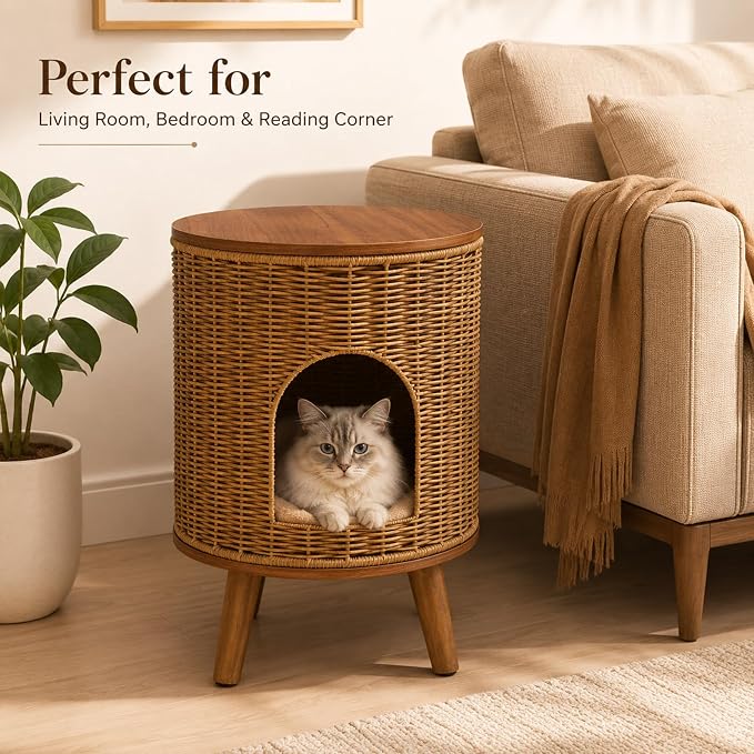Rattan Cat House End Table, 2-in-1 Cat Bed Side Table, Stylish Pet Furniture for Indoor Cats in Living Room and Bedroom (Brown, 15.7”L x 15.7”W x 22”H)