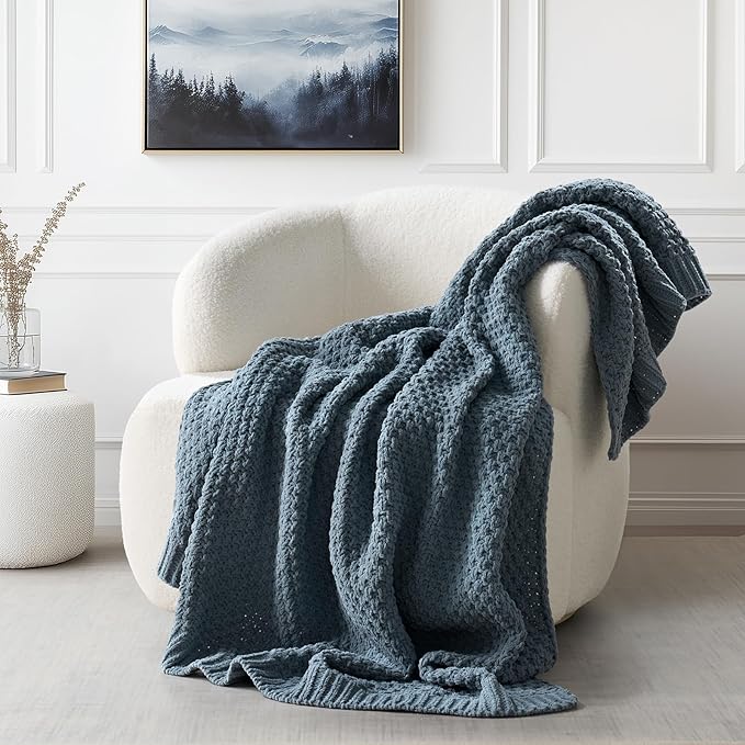 EVERGRACEHOME Chunky Chenille Knit Throw Blanket, 60 x 80, Stormy Blue | Sculpted Moss Stitch, Chic Modern Farmhouse, All-Season Warmth, OEKO-TEX® Certified, Elegant Blanket for Couch, Bed, Sofa