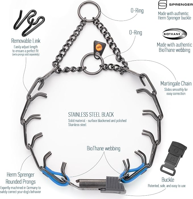 Herm Sprenger Black Stainless Steel Dog Collar with Quick Release ClicLock Buckle O-Ring Biothane Insert Training Collar Made in Germany (Cerulean Blue, 16in x 2.25mm(Neck Size up to 13-14in))