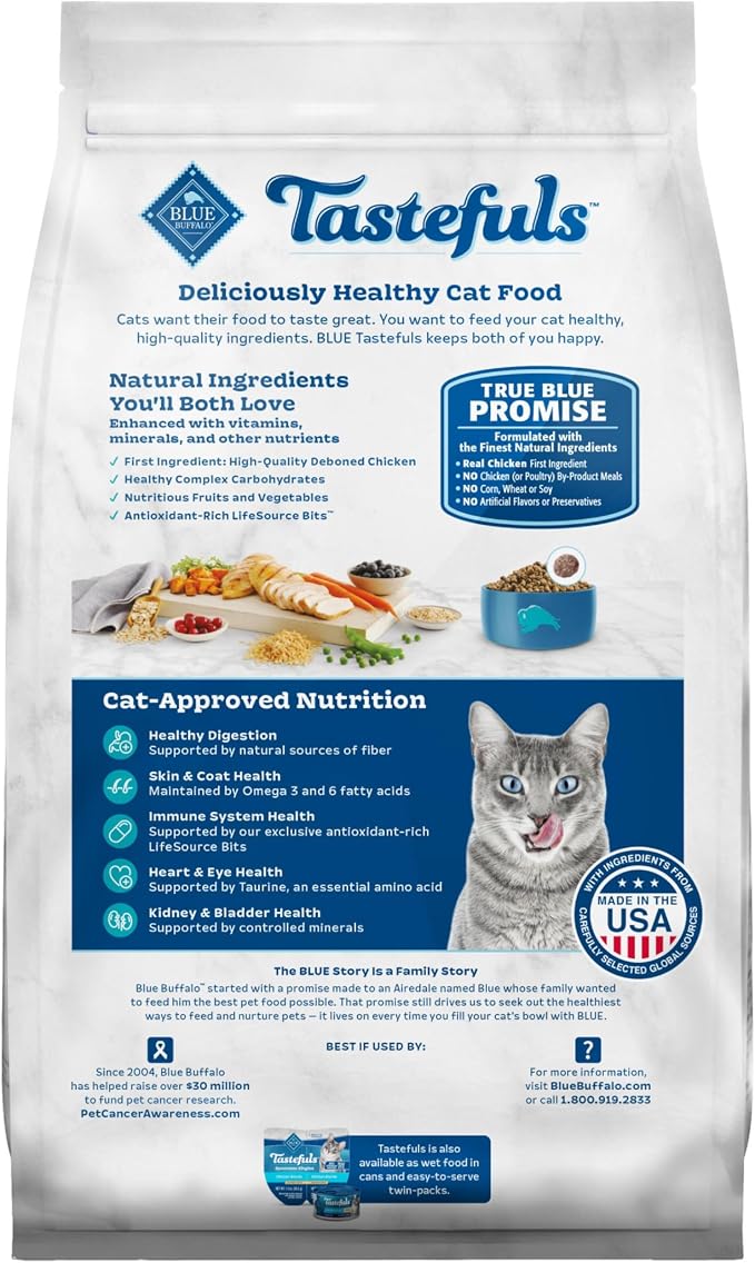 Blue Buffalo Tastefuls Chicken & Brown Rice Active Dry Cat Food, 7 lb | Chicken & Brown Rice Recipe, Antioxidant-Rich LifeSource Bits, No Corn, Wheat, or Soy