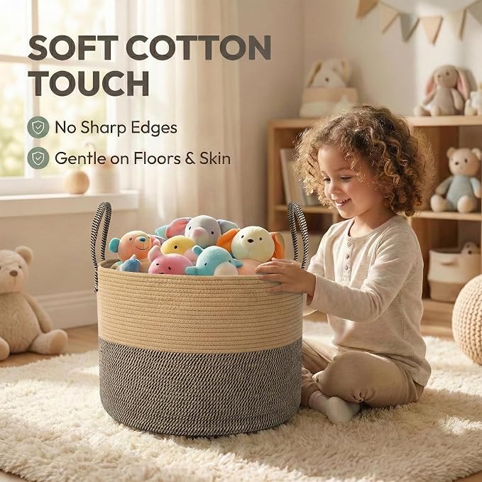 JMvicyroam 115L Extra Large Machine Washable Cotton Rope Blanket Basket | Collapsible laundry hamper, Reinforced handles, For blankets, pillows, toys and clothes, Living room and bedroom, Jute&Black