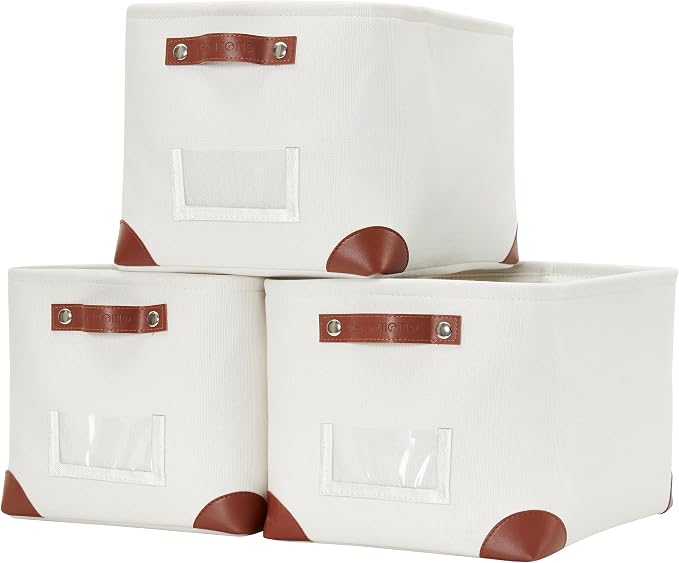DECOMOMO Storage Bins, Large Fabric Storage Baskets for Shelves 3 Pack | 15 x 11 x 9.5 inches Decorative Linen Closet Organizers with Handles (Creamy White)