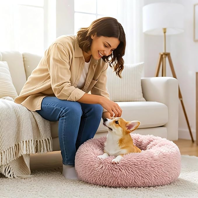 Calming Anti-Anxiety Donuts Dog And Cat Bed, Round Fluffy Soft Washable Small Medium Pet Bed For Puppy And Kitten, Cuddler Warming Comfortable Luxury Anti-Slip Waterproof Mute Base 24in Pink