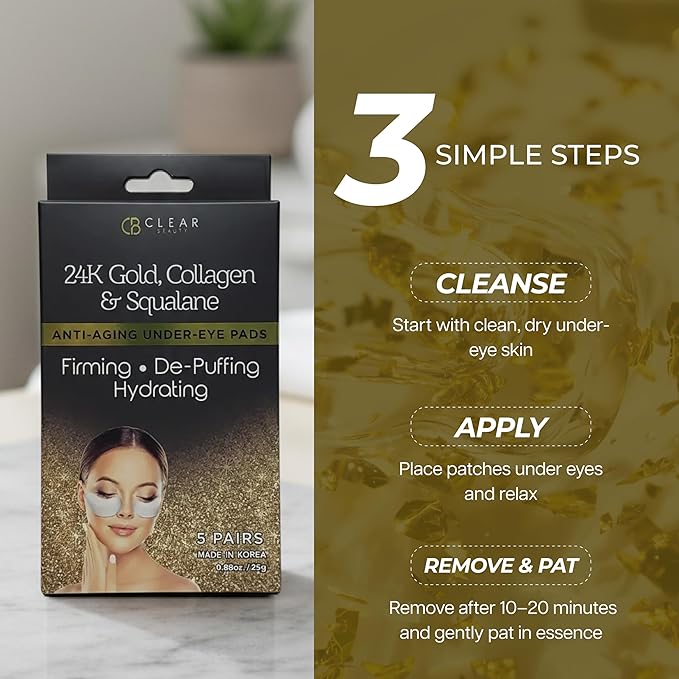 Clear Beauty, 24K Gold & Collagen Under Eye Patches For Dark Circles & Puffy Eyes – Firming & Hydrating With Squalane – Dermatologist Tested, Anti-Aging, Korean Skin Care – Clean Beauty – 5 Pairs