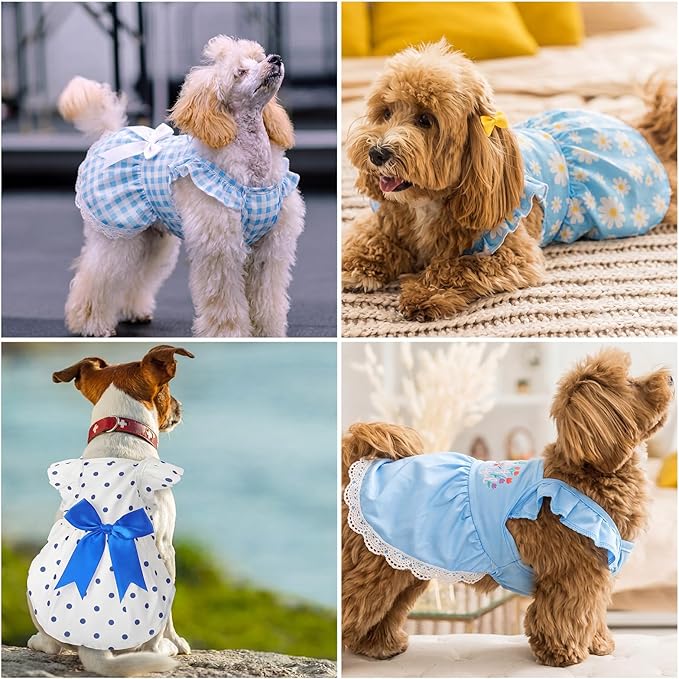Abbylike 5 Pcs Large Girl Dog Dresses, Blue Summer Pet Clothes, XL Size | Coastal Ocean, Starfish Floral Daisy Polka Gingham Bowknot, Breathable Dog Skirts Outfits for Pets Cat Female, 11 to 13.2 Lbs