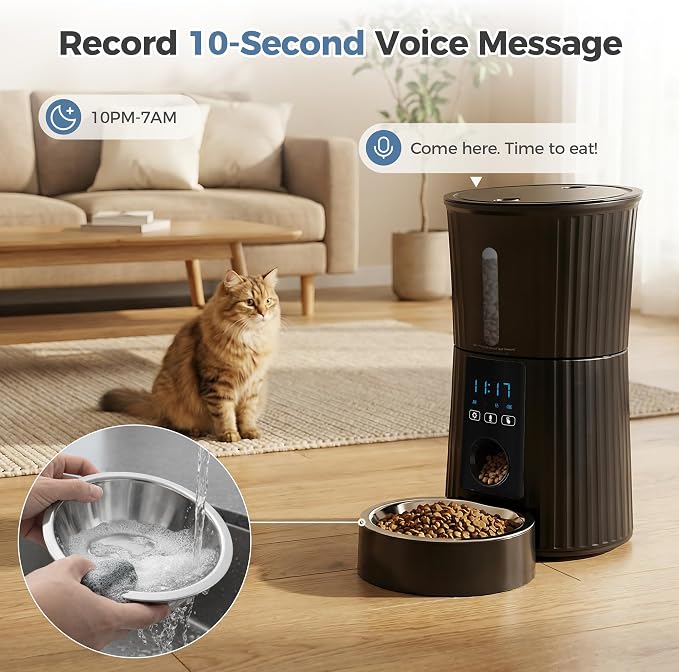 Sweetcrispy Automatic Cat Feeder, 4L Cat Food Dispenser with APP, Black | 2.4G WiFi, Applicable for Dry Food, 16.9 Cups, 10 Meals/Day, 50 Portions/Meal, 10s Voice Recorder, Dual Power Supply