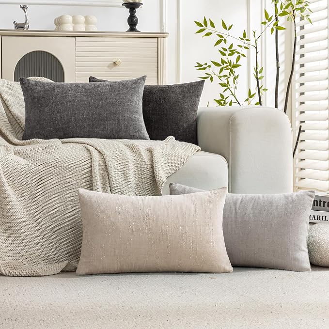 Set of 4 Soft Textured Decorative Throw Pillow Covers 12x20 Inch Cozy Farmhouse Cushion Cover Square Accent Pillow Cases for Bed Couch Sofa Living Room, Grey Series