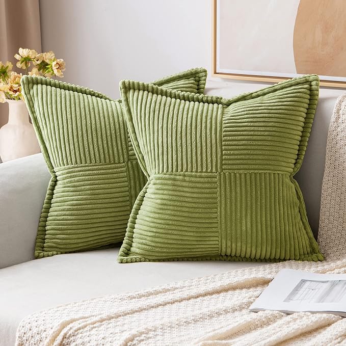 MIULEE Decorative Throw Pillow Covers for Couch 20x20 Inch Green 2 Pack | Boho Broadside Striped Patchwork Pillow Covers, Soft Corduroy Cushion Cases, For Sofa Bed Livingroom Home Decor
