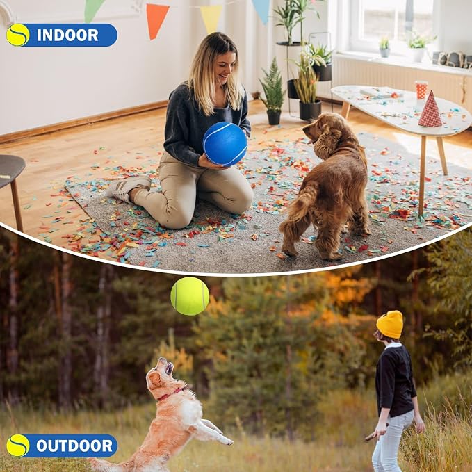 SCENEREAL Giant Tennis Ball for Dogs 2 Pack,Upgraded Thicken 9.5" Large Tennis Balls for Dogs,Halloween Dog Toys Birthday Gift, Inflatable Interactive Ball for Large Medium Big Dog,Durable Toy