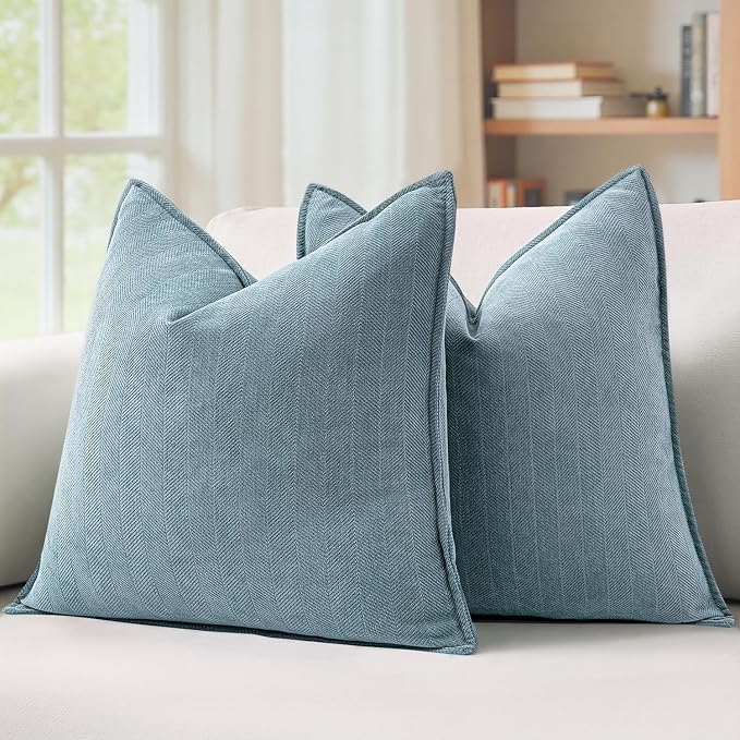 MIULEE Pack of 2 Dusty Blue Decorative Chenille Pillow Covers 16x16 Inch | Soft Couch Throw Pillows,Farmhouse Cushion Covers with Elegant Design for Sofa,Bedroom,Living Room,Spring Home Decor