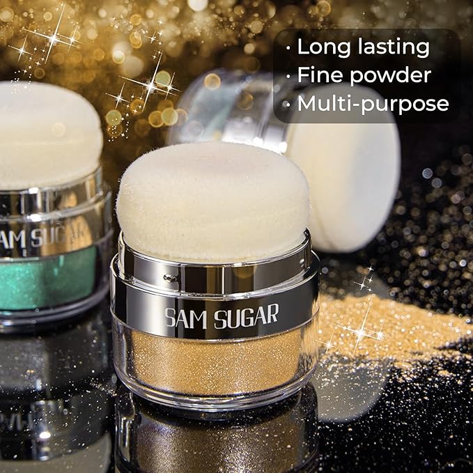 Body Shimmer Powder, Body Glitter Powder with Sponge Head, 3D Contour & Long Lasting Luminous, Glow Highlighter Makeup for Face, Eyes, Hair, Perfect for Daily, Party (Gold, 1.13 Oz)