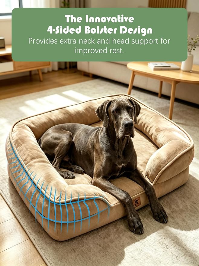 Spotted Play Orthopedic Dog Bed with Sides - Sofa Beds for Extra Large Dogs, Supportive Foam Pet Couch Bed with Washable Removable Cover, Waterproof Lining and Non-Slip Bottom, Brown - XXL