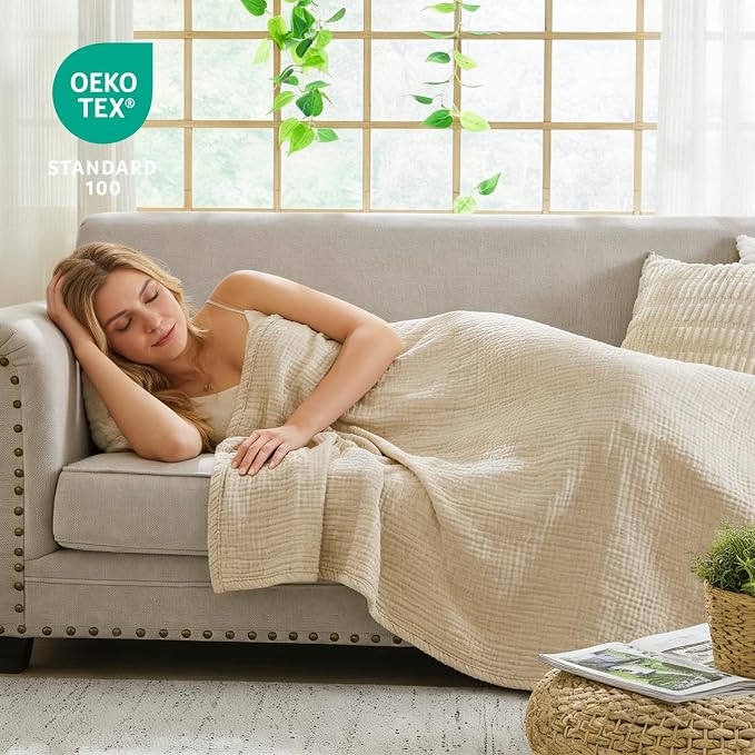 EMME Muslin Blankets for Adults Throw Blanket for Couch Breathable Gauze Soft Lightweight Airy Beige Throw XL 50" x 71"