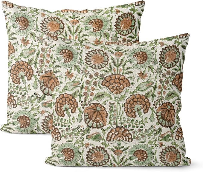 Block Print Pillow Covers 18x18 Inch Pack of 2 Boho Brown Green Floral Decor Throw Pillow Covers Spring Summer Flower Pillowcase Outdoor Farmhouse Decorative Cushion Cover for Couch Sofa