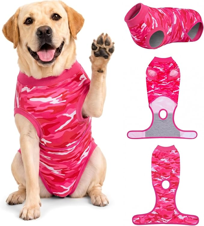 PetWarm Dog Surgical Suit, Anti-Licking Pet Surgical Recovery Onesies Suit Surgery Suit for Dogs, Professional Pet Recovery Shirt Dog Abdominal Wounds Bandages, Camouflage Pattern, Pink, 2XL