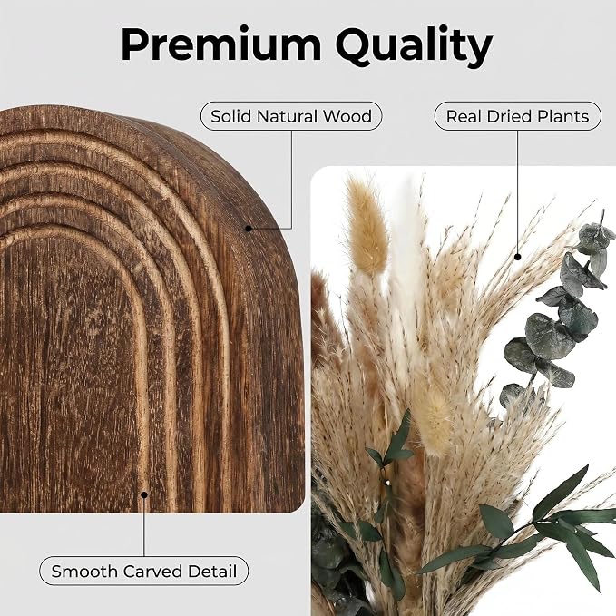 Set of 2 Wooden Wall Vases with Dried Pampas Grass & Eucalyptus, Boho Farmhouse Decor for Living Room, Entryway, Bathroom, Rustic Home Art(Dark Brown)