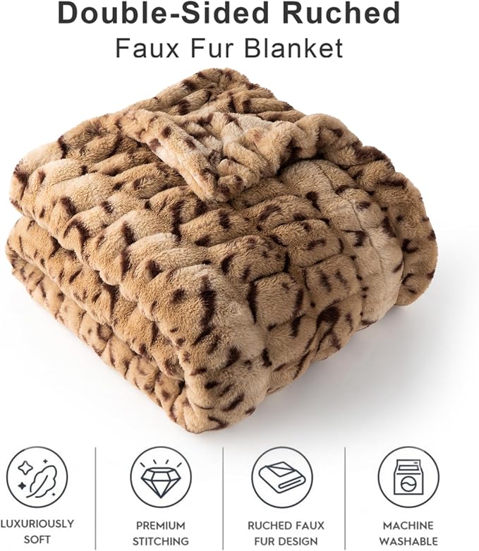 BATTILO Faux Fur Throw Blanket for Couch, 60"x80", Double Side | Cozy Mink Plush Soft Bubble Blanket, Leopard Print Faux Fur Blanket For Bed, Sofa, Living Room