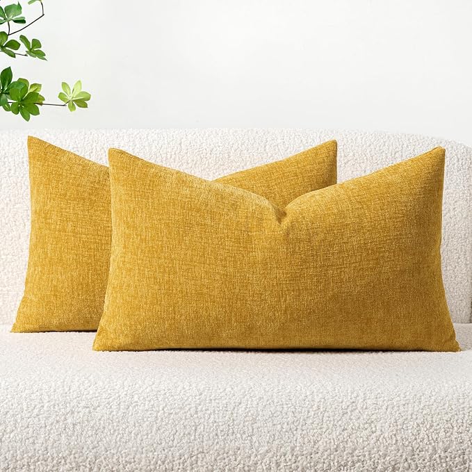 MIULEE Chenille Lumbar Throw Pillow Covers Mustard Yellow 12x20 Pack of 2 | Soft Modern Home Decor, Classic Decorative Pillows, Solid Dyed Cases, Boho Couch Cushion Covers for Sofa Bed Living Room