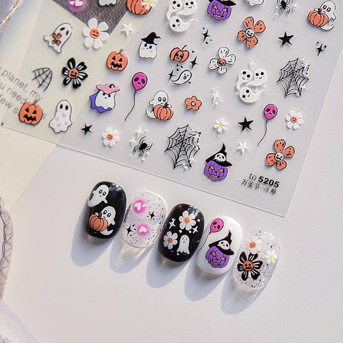 Halloween Nail Stickers for Nail Art, 5D Embossed Self-Adhesive Nail Decals Ghost Flower Spider Wed Nail Supplies Nail Art Design Accessories for Women and Girls Manicure DIY Decoration