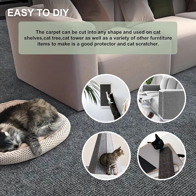SREBAY Cat Scratch Couch Furniture Protector, Self-Adhesive Scratch Pad | 78.7x15.8In, Thicken, DIY Climbing Cat Carpet Mat for Door Window Protector, Couch Guard from Claw with Pins& Tape, LightGrey